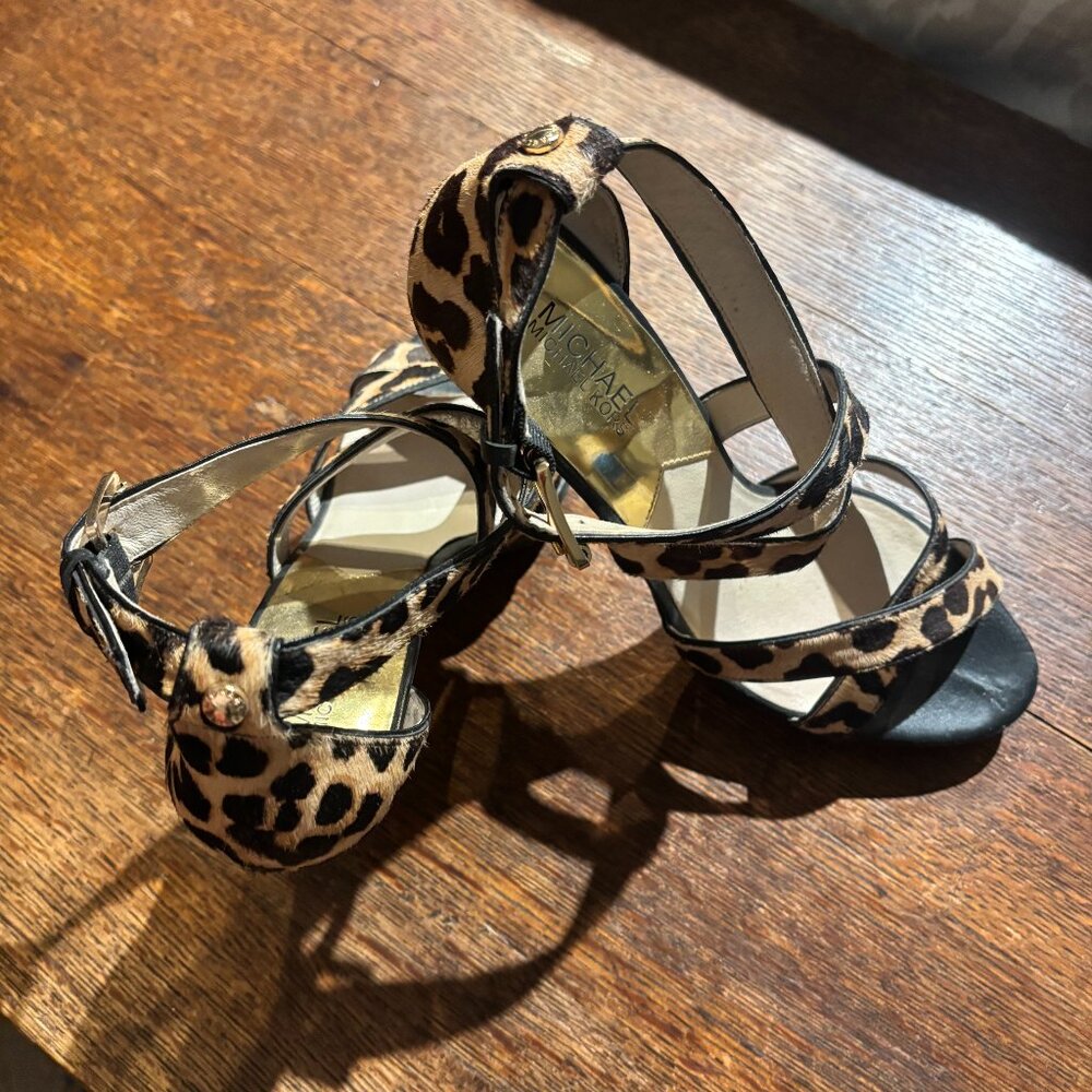 Michael Kors Leopard Print Furry Strappy Heels, size 9
